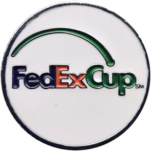 Ball Marker With the Words FedEx Cup Engraved on it. With a White Background.