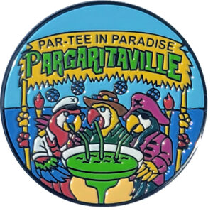 Fun Golf Ball Marker With the Words Par-Tee in Paradise with Parrots Sitting at a Table Drinking a Margarita