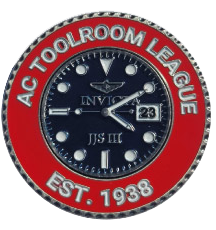 Red Ball Marker with a coin. Red Rim Color with jagged edges and the Words AC Toolroom League Engraved on the marker.